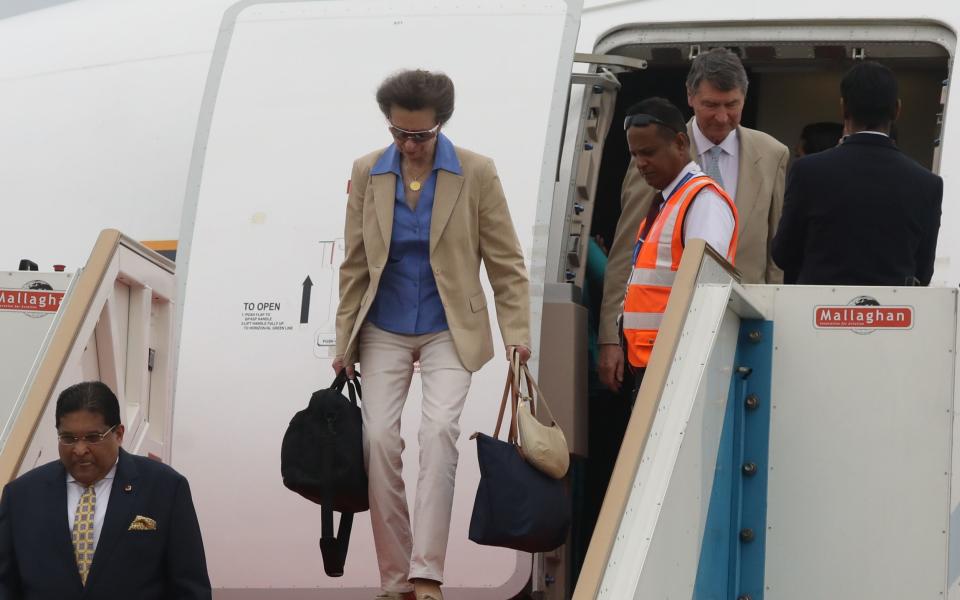 Princess Anne and her husband Timothy Laurence arrive at Bandaranaike International Airport in Colombo, Sri Lanka