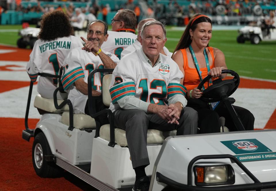 Members of the 1972 Perfect Season Miami Dolphins were honored at halftime of the Dolphins game against the Pittsburgh Steelers at Hard Rock Stadium in Miami Gardens, Oct. 23, 2022. 