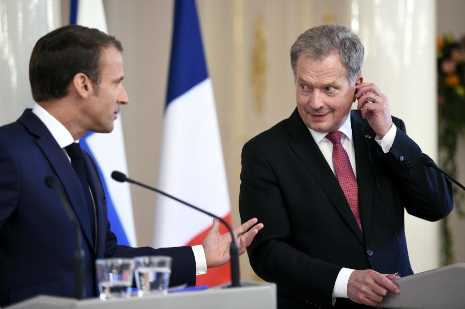 French President Emmanuel Macron, left, and Finland President Sauli Niinisto attend their joint press conference Presidential Palace in Helsinki, Finland, Thursday Aug. 30, 2018. President Macron is in Finland on a two-day official visit. (Antti Aimo-Koivisto/Lehtikuva via AP)