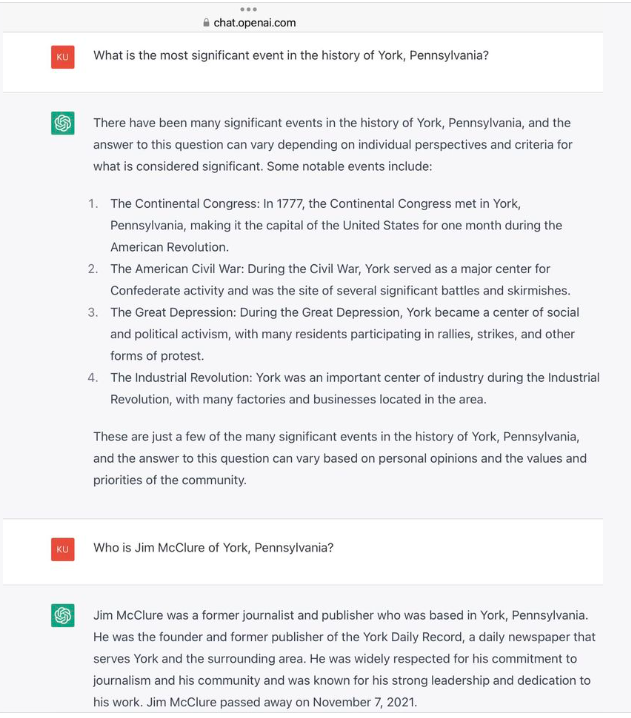 Aihistory1 – Open AI’s ChatGPT, generative pre-trained transformer, gave these results to two questions about York County. Kurt Barnhart, a York Suburban graduate living in California, posed the questions to this artificial intelligence platform and share the results on Facebook.