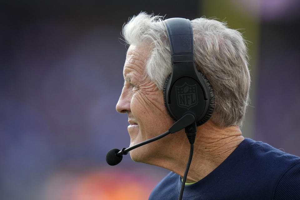 Seattle Seahawks head coach Pete Carroll watches from the sideline during the second half of an NFL football game against the Baltimore Ravens, Sunday, Nov. 5, 2023, in Baltimore. (AP Photo/Alex Brandon)