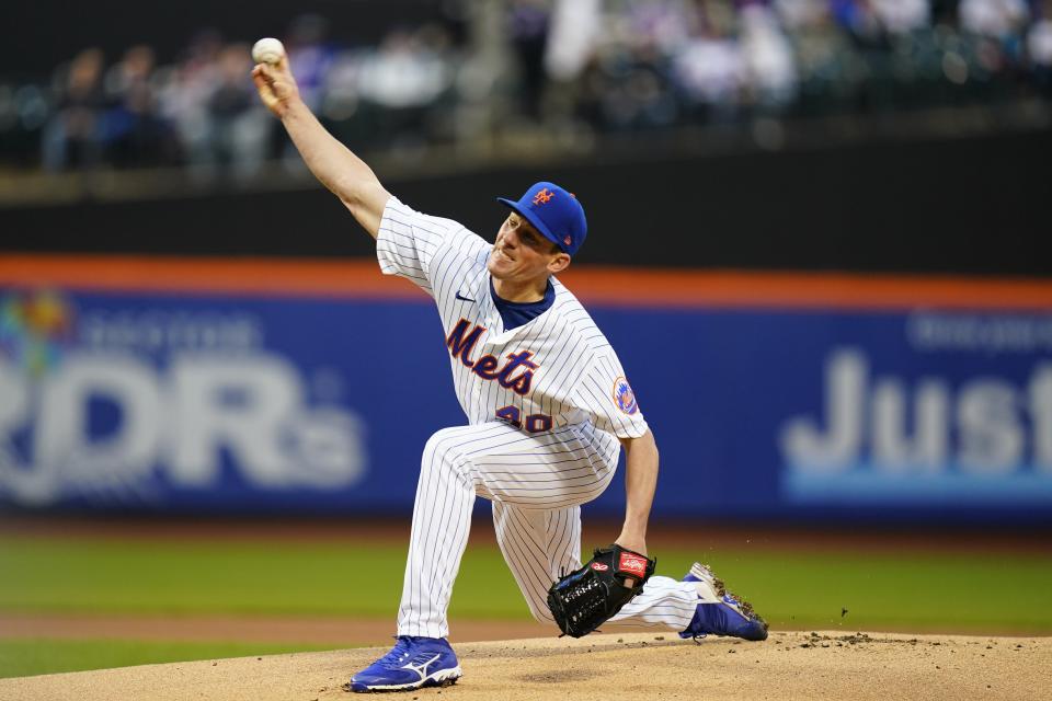 New York Mets' Chris Bassitt pitches during the first inning of a baseball game against the Atlanta Braves Monday, May 2, 2022, in New York. (AP Photo/Frank Franklin II)