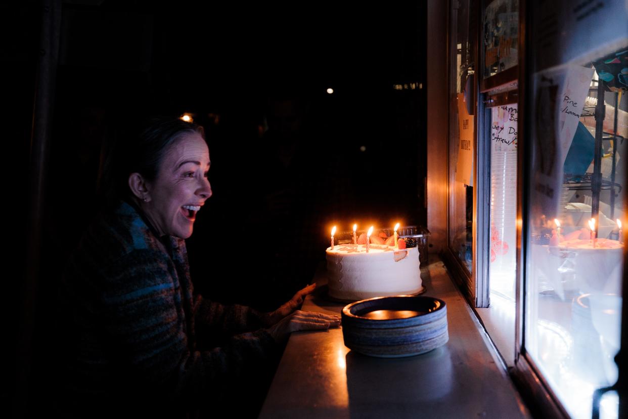 Patricia Heaton gets ready to blow out her candles on the set of 'The Beldham' located in Bartlesville, OK.