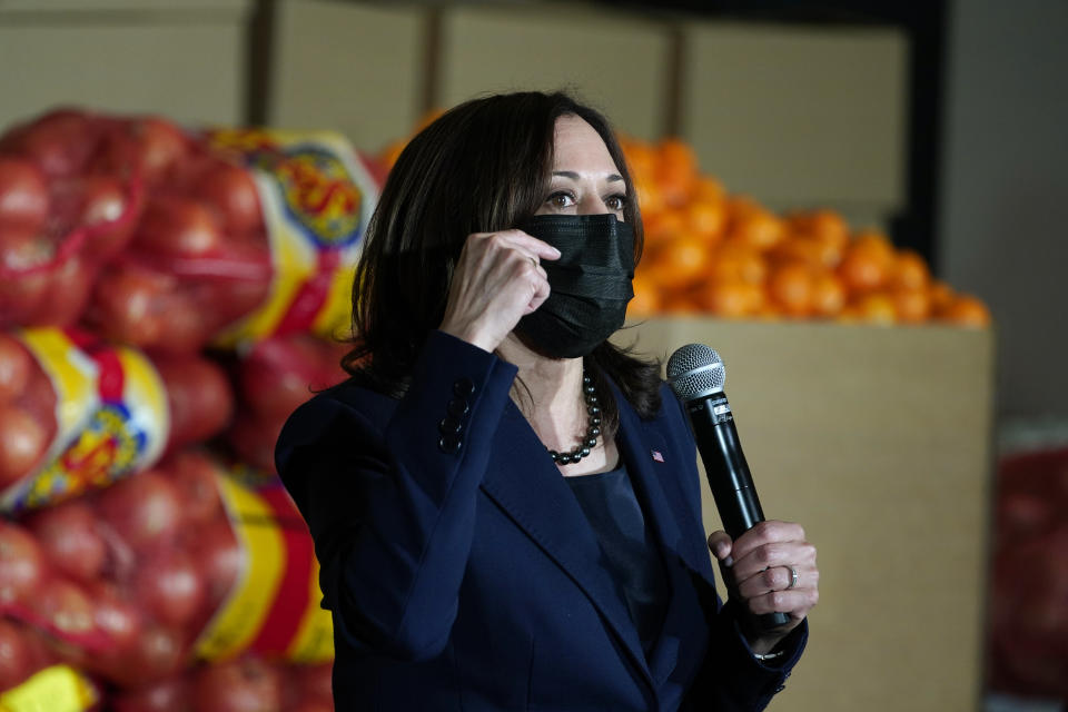 Vice President Kamala Harris speaks during a visit with the Culinary Union at the Culinary Academy of Las Vegas, Monday March 15, 2021, in Las Vegas. (AP Photo/Jacquelyn Martin)
