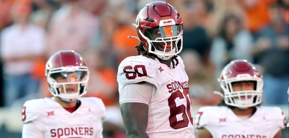 Oklahoma’s Tyler Guyton (60) is pictured in the second half during a Bedlam college football game between the Oklahoma State University Cowboys (OSU) and the University of Oklahoma Sooners (OU) at Boone Pickens Stadium in Stillwater, Okla., Saturday, Nov. 4, 2023.