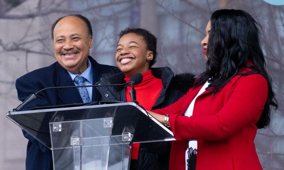 Martin Luther King III, Yolanda Renee King and Arndrea Waters King at the unveiling of The Embrace at the Boston Common.