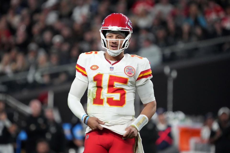 Nov 26, 2023; Paradise, Nevada, USA; Kansas City Chiefs quarterback Patrick Mahomes (15) looks on during the second half against the Las Vegas Raiders at Allegiant Stadium. Mandatory Credit: Kirby Lee-USA TODAY Sports