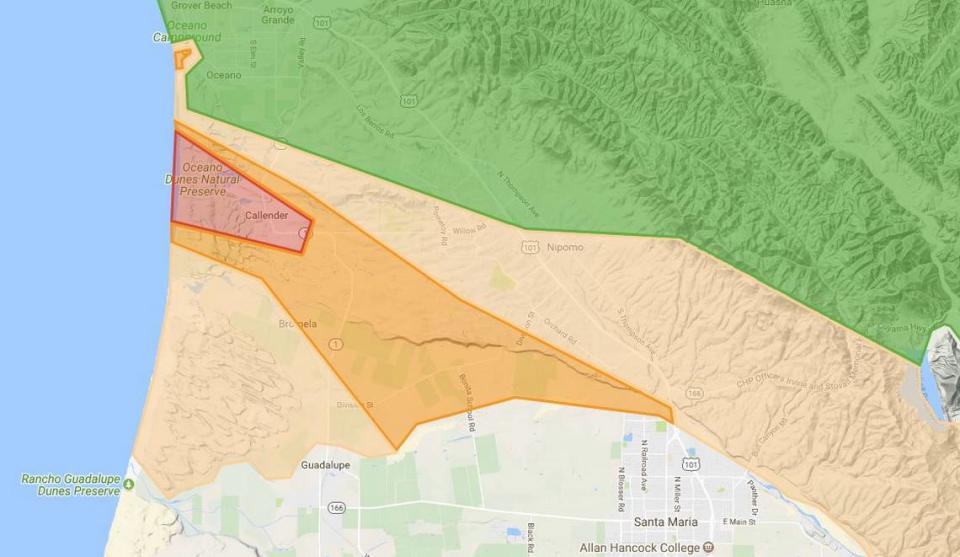 This map by the Air Pollution Control District shows areas where the dust plume from the Oceano Dunes tends to blow over south San Luis Obispo County. The darker areas are impacted the most.
