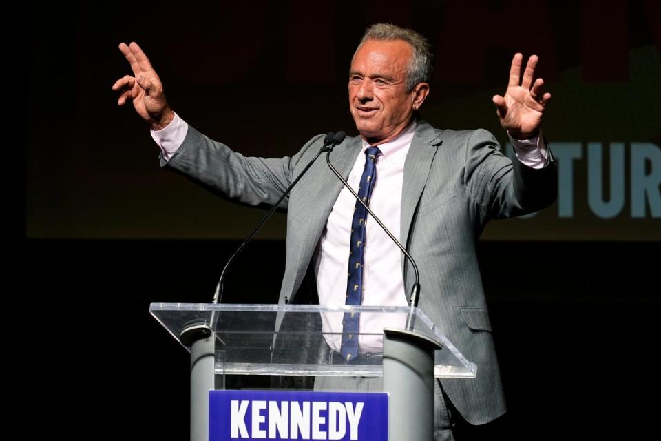 Robert F Kennedy, pictured at a campaign event on 13 April, is facing calls from national environmental groups to end his campaign (AP)