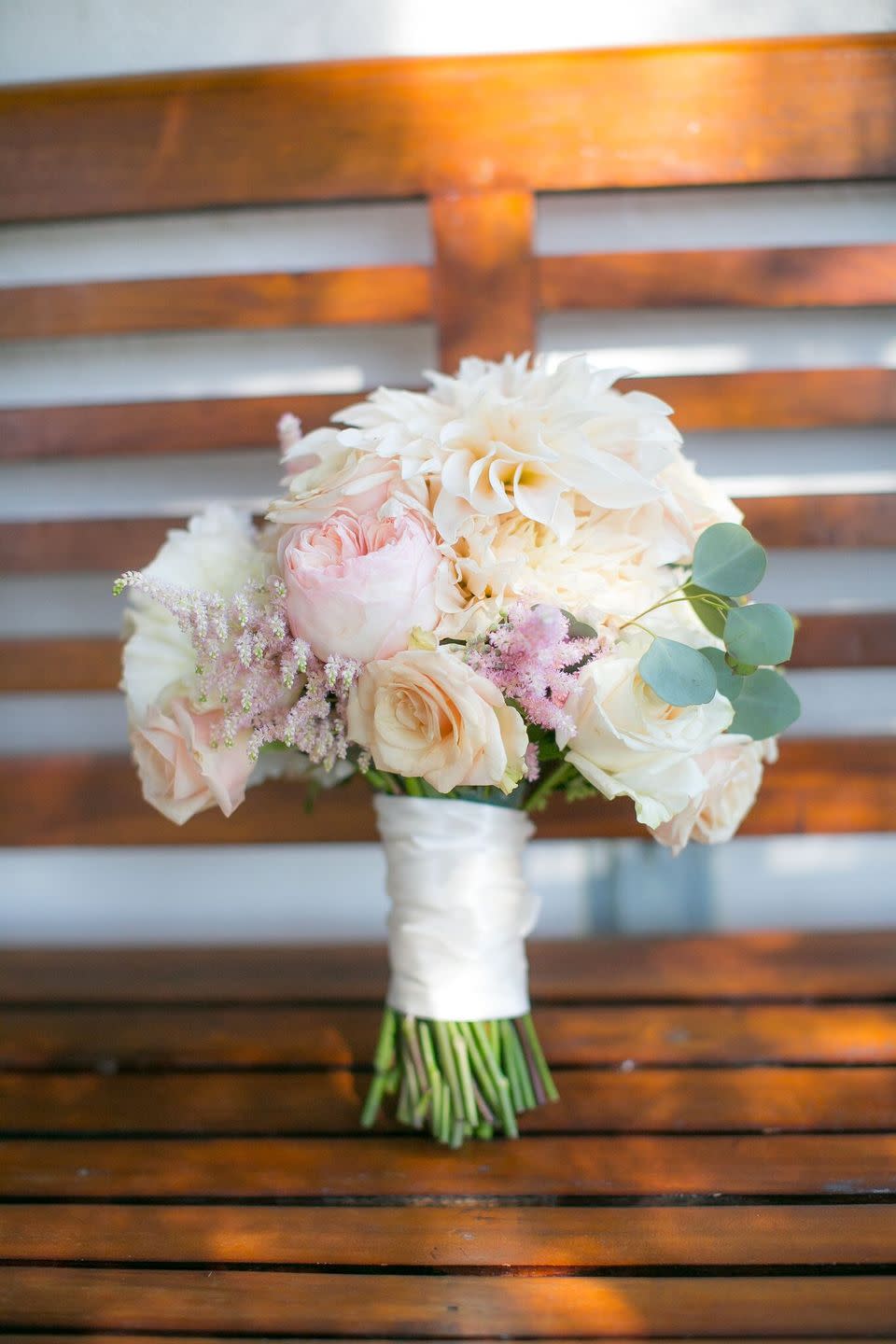 6) Café au Lait Dahlias with Hydrangeas and Eucalyptus