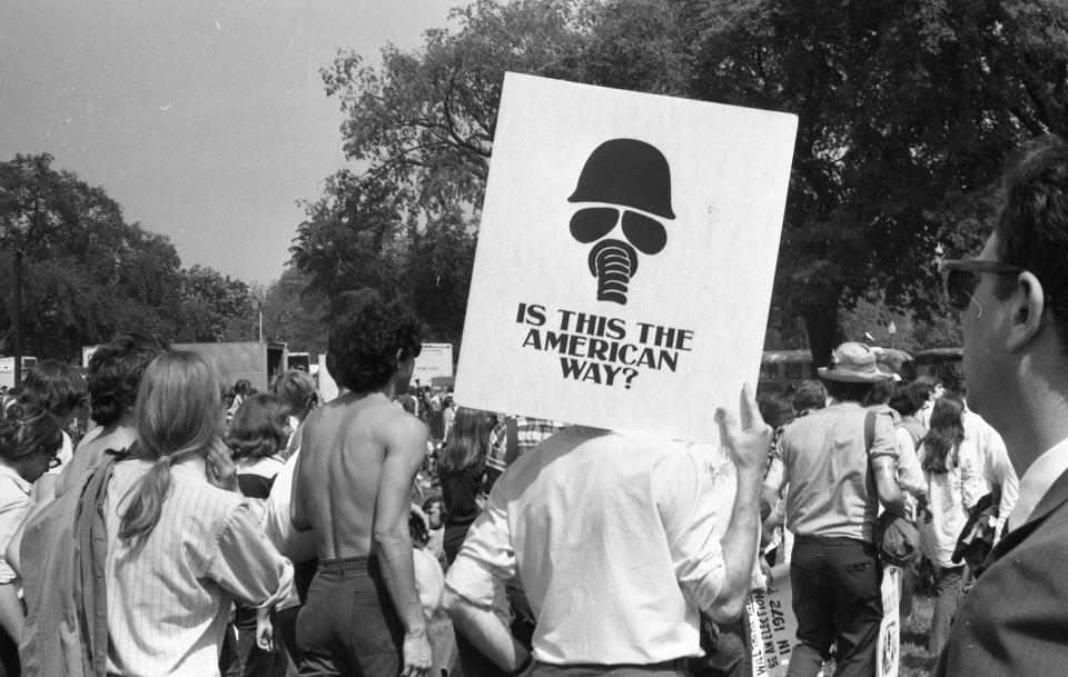 Protesters hold signs during a student strike and protest against the Vietnam War following the Kent State Massacre in 1970. (Photo by Stuart Lutz/Gado/Getty Images)