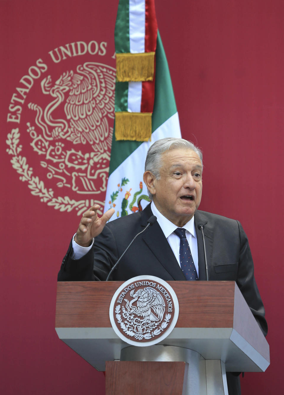 Mexican President Andres Manuel Lopez Obrador speaks to the Mexican delegation of athletes who will participate in the Pan American Games, during a send-off ceremony for them in Mexico City, Monday, July 15, 2019. Peru is hosting the Games. (AP Photo/Christian Palma)