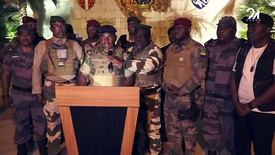 PHOTO: This video grab taken from Gabon 24 shows Gabonese soldiers appearing on television, Aug. 30, 2023 announcing they were 'putting an end to the current regime' and the cancellation of an election that, according to official results, President won. (Gabon 24/AFP via Getty Images)