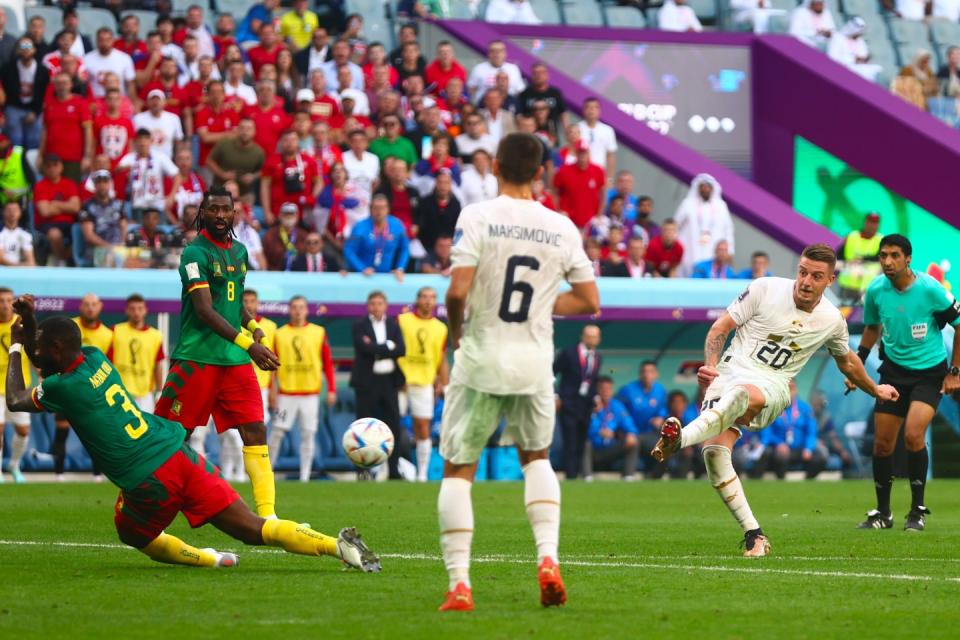 AL WAKRAH, QATAR - NOVEMBER 28: Sergej Milinkovic-Savic of Serbia scores his teams second goal during the FIFA World Cup Qatar 2022 Group G match between Cameroon and Serbia at Al Janoub Stadium on November 28, 2022 in Al Wakrah, Qatar. (Photo by Chris Brunskill/Fantasista/Getty Images)