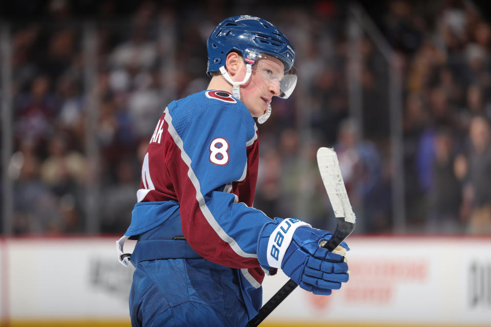 DENVER, COLORADO - APRIL 13: Cale Makar #8 of the Colorado Avalanche skates against the Los Angeles Kings at Ball Arena on April 13, 2022 in Denver, Colorado. (Photo by Michael Martin/NHLI via Getty Images)