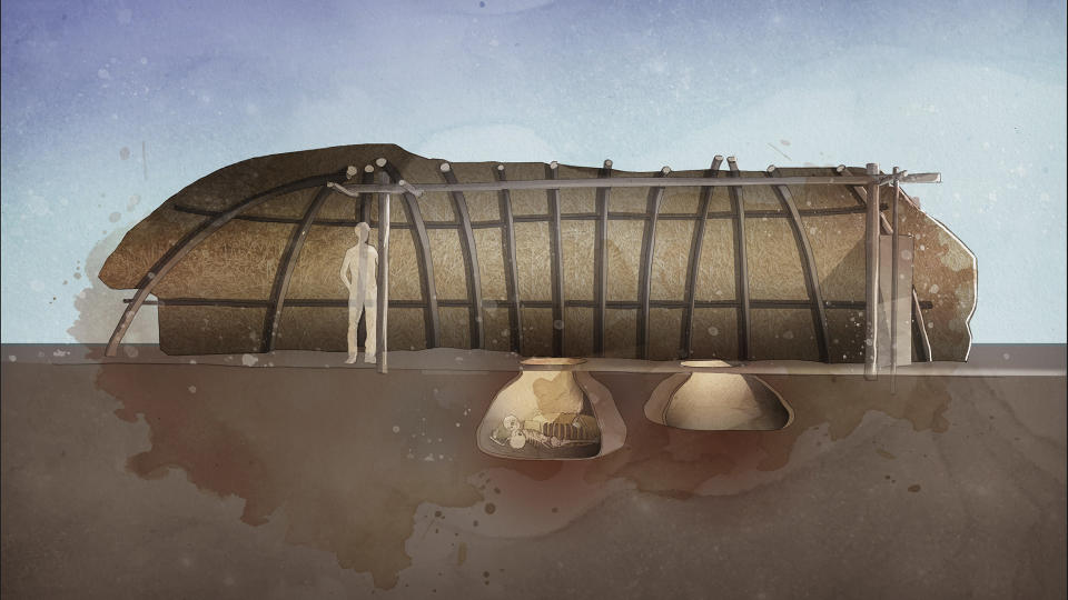 An illustration of two burials under a wooden hut.