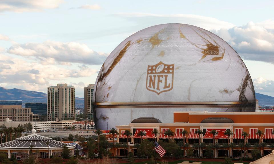 <span>The NFL logo is displayed on the Las Vegas Sphere in the run-up to this weekend’s Super Bowl. </span><span>Photograph: Caroline Brehman/EPA</span>