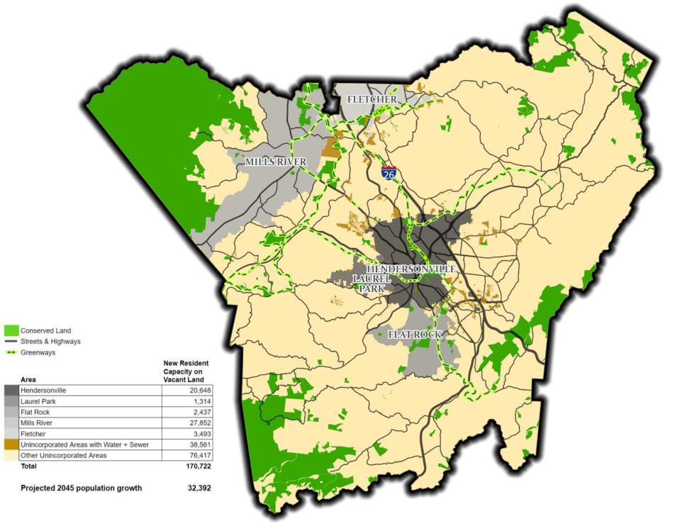 This map shows a truer picture of areas open to development (shaded in yellow.) By proposing the radical expansion of infrastructure, the county is actually encouraging the accommodation of 170,000 new residents when we expect less than a 1/5 of that.