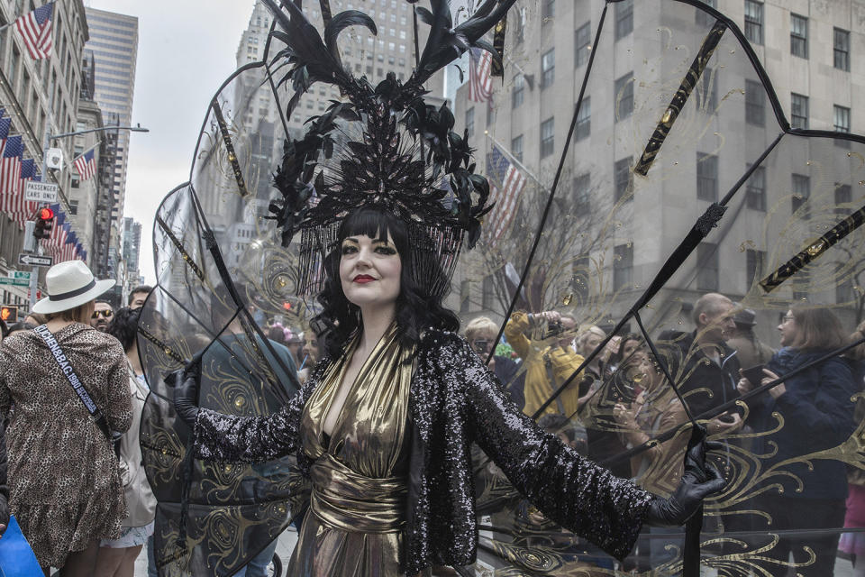 Veritiee Hill of New York City shows off her costume at the Easter Parade and Bonnet Festival, Sunday, April 21, 2019, in New York City. (Photo: Gordon Donovan/Yahoo News)