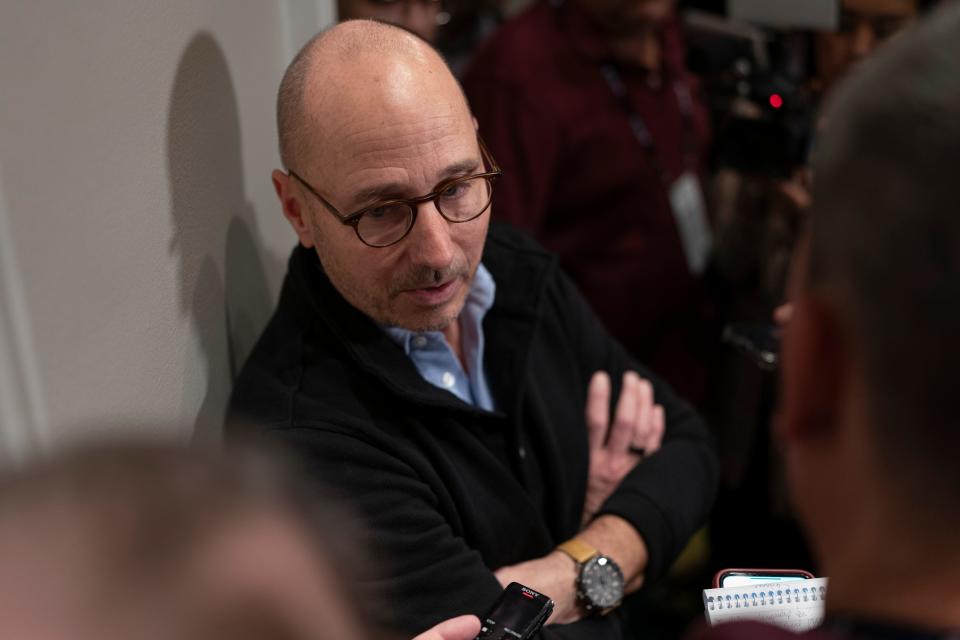 New York Yankees general manager Brian Cashman responds to questions during the Major League Baseball winter meetings Tuesday, Dec. 5, 2023, in Nashville, Tenn. (AP Photo/George Walker IV)