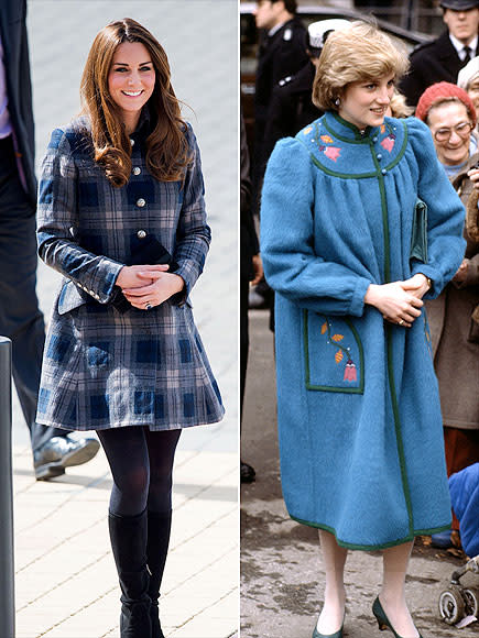 <p>One thing that's on the up since Diana's pregnancy with William? Hemlines! The princess's embellished blue coat could pass for a Snuggie (did they have those in the '80s?) compared to Kate's plaid Moloh coat dress, paired with her trademark black suede boots for <span>an outing in Scotland</span>. <strong>Get Kate's Look!</strong> Plaid Cold Shoulder Maternity Dress, $128; <span>apeainthepod.com</span> Opposuits Lumberjackie Skirt Suit, $80; <span>lordandtaylor.com</span></p>