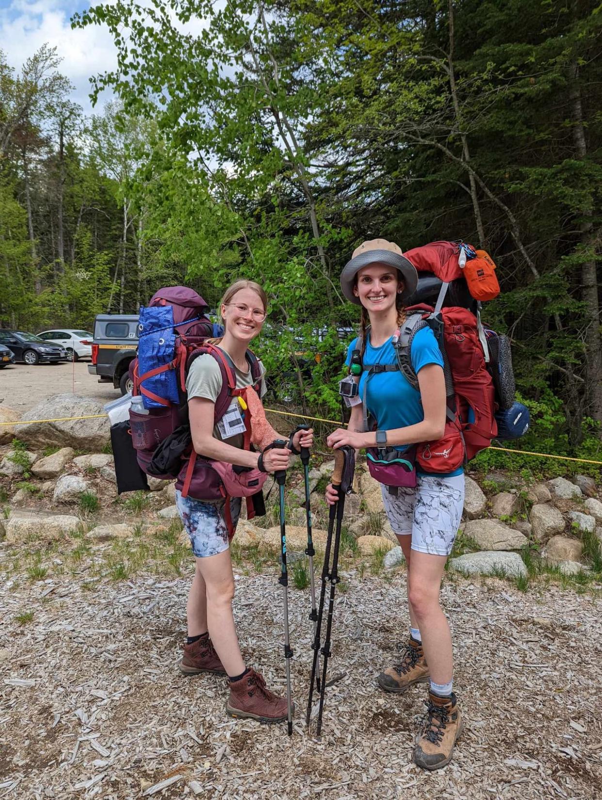 Myriam Raymond-L'Heureux, left, and Marie-Pier Ouimet, right, are seen before a three-day hike around the Adirondack Mountains in May 2023.  (Submitted by Myriam Raymond-L'Heureux and Marie-Pier Ouimet - image credit)