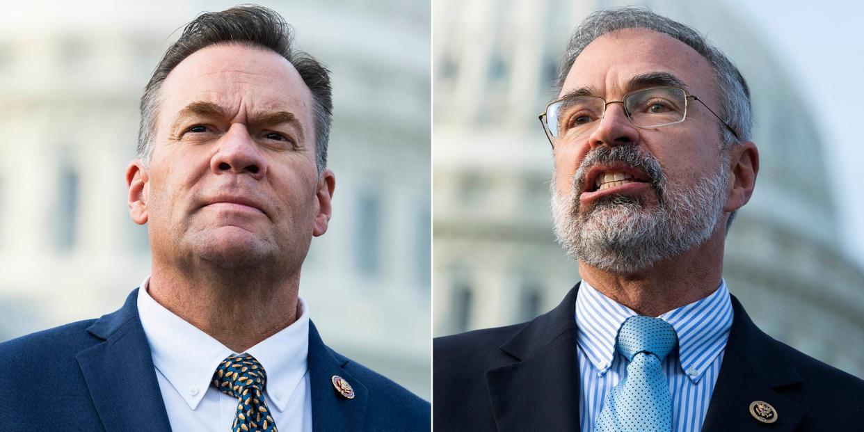 Rep. Russ Fulcher (R-Idaho), left, and Rep. Andy Harris (R-Md.) have come under scrutiny for incidents at the metal detectors that have been installed near the entrance to the House Floor. (Photo: Tom Williams/CQ-Roll Call, Inc/Getty Images)