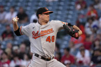 Baltimore Orioles starting pitcher Kyle Gibson throws to the plate during the first inning of a baseball game against the Los Angeles Angels Wednesday, Sept. 6, 2023, in Anaheim, Calif. (AP Photo/Mark J. Terrill)