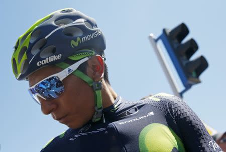 Cycling - Tour de France cycling race - The 160-km (99,4 miles) Stage 15 from Bourg-en-Bresse to Culoz, France - 17/07/2016 - Movistar Team rider Nairo Quintana of Colombia prepares to start before the stage. REUTERS/Juan Medina