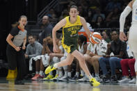 FILE - Seattle Storm forward Breanna Stewart brings the ball up against the Minnesota Lynx during the first half of a WNBA basketball game Wednesday, Aug. 3, 2022, in Seattle. Breanna Stewart became the first player to repeat as The Associated Press WNBA Player of the Year, Tuesday, Aug. 16, 2022. (AP Photo/Ted S. Warren, File)