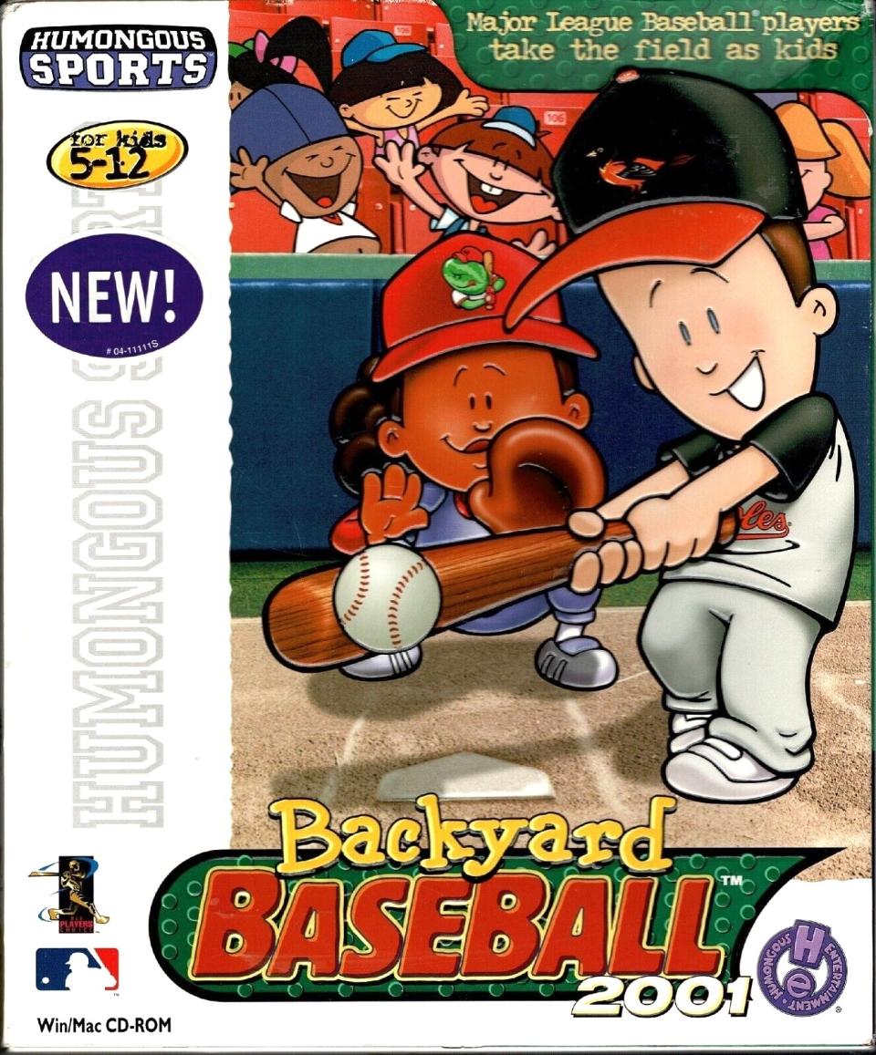 Cover of "Backyard Baseball 2001" video game featuring cartoon children in baseball gear with a bat and ball