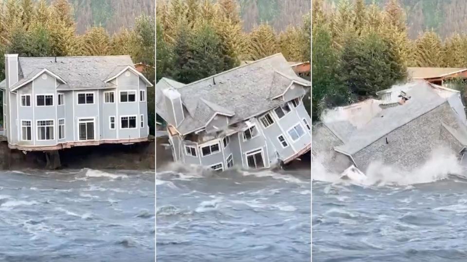 PHOTO: Screen grab of a video showing the collapse of a home into the Mendenhall River in Alaska on Saturday, Aug. 5, 2023. (Sam Nolan)