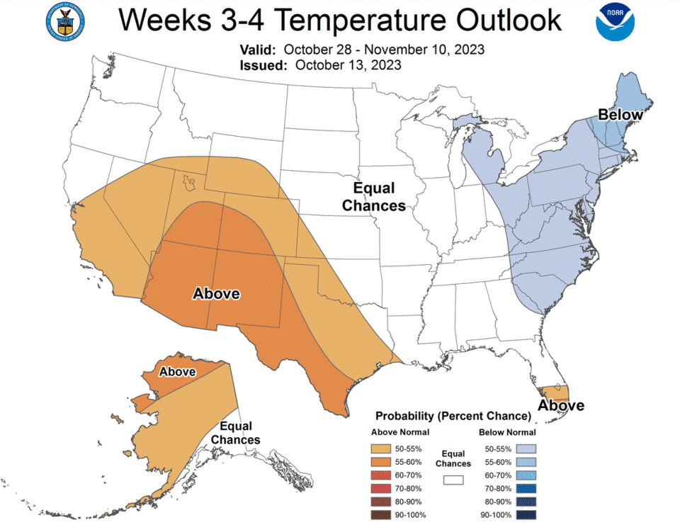 The National Weather Service’s Climate Prediction Center says there’s at least a 50 percent chance of colder-than-normal temperatures through Nov. 10, which aligns with the Farmers’ Almanac prediction for a cold spell from Nov. 4-7.