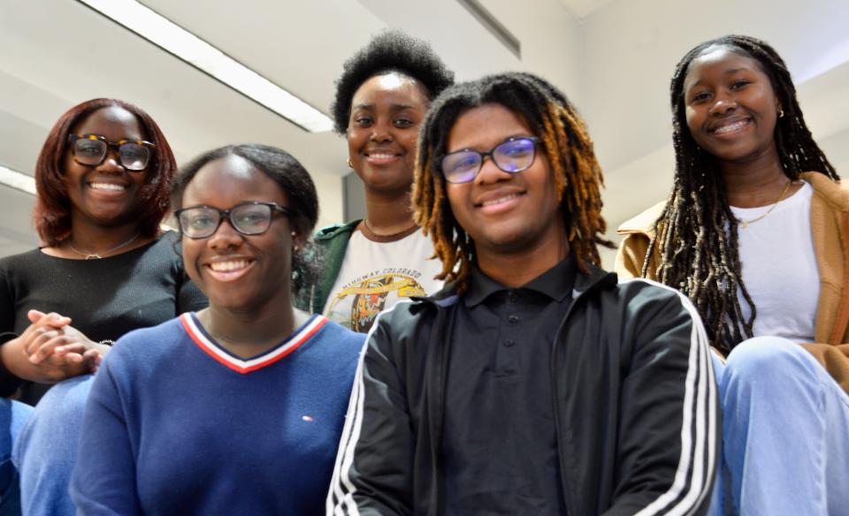 The NHHS Black Student Union officers are, left to right: President Seriane Thiam, Secretary Kelly Bokoum, Vice President Binta Barrie, Historian DaShawn Napier and Media Manager Awa Badjie. The BSU is holding its first public event, to celebrate Black History Month, on Feb. 23, 2023.