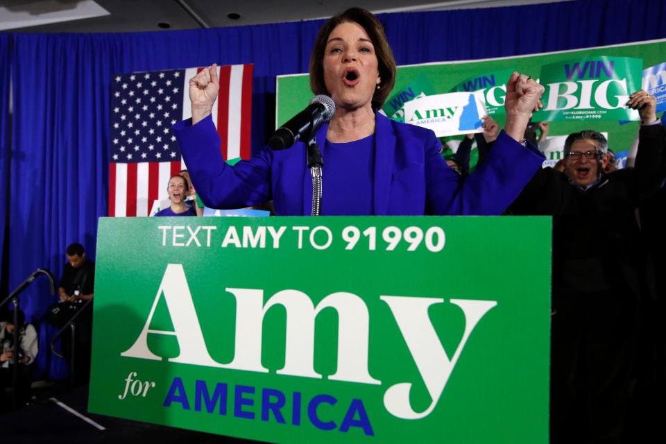 Democratic presidential candidate Sen. Amy Klobuchar, D-Minn., speaks at her election night party, Tuesday, Feb. 11, 2020, in Concord, N.H. (AP Photo/Robert F. Bukaty)