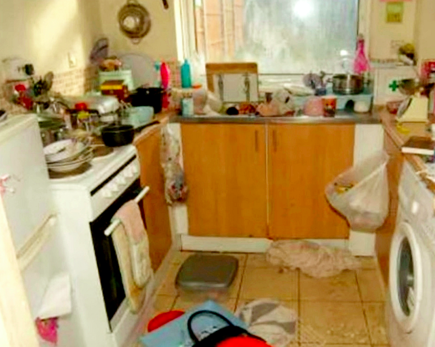 The kitchen is covered in dirty pots and pans, with carrier bags full of rubbish left hanging open on drawers. (SWNS)