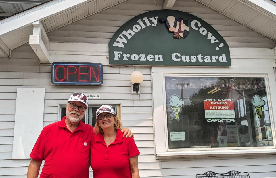 Jim and Jan Stoffer stand in front of their frozen custard and burger shop, Wholly Cow, at 637 Main St. in the city of Delafield. After starting the business in 1992 in their home, they are planning on retiring this fall, selling the house and, hopefully, the business in the process.
