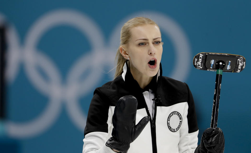 <p>Olympic Athlete from Russia skip Victoria Moiseeva makes a call during a women’s curling match against Sweden at the 2018 Winter Olympics in Gangneung, South Korea, Friday, Feb. 16, 2018. (AP Photo/Natacha Pisarenko) </p>