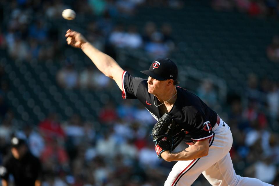 Minnesota Twins pitcher Sonny Gray throws against the Cleveland Guardians during the first inning of a baseball game, Saturday, June 3, 2023, in Minneapolis.  (AP Photo/Craig Lassig)