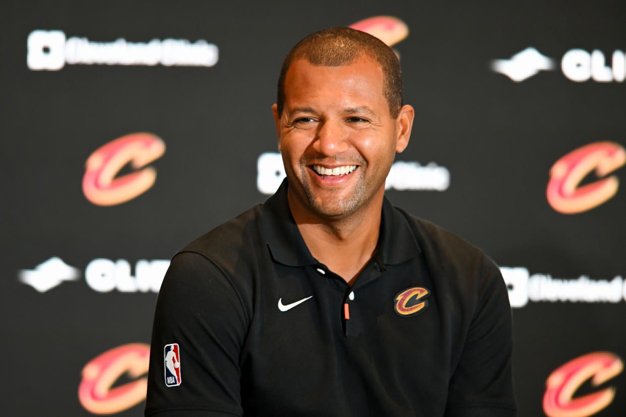 CLEVELAND, OHIO - SEPTEMBER 14: President of basketball operations Koby Altman of the Cleveland Cavaliers laughs during a press conference introducing Donovan Mitchell at Rocket Mortgage Fieldhouse on September 14, 2022 in Cleveland, Ohio. NOTE TO USER: User expressly acknowledges and agrees that, by downloading and or using this Photograph, User is consenting to the terms and conditions of the Getty Images License Agreement. (Photo by Nick Cammett/Getty Images)