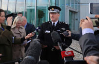 <p>Greater Manchester Police Chief Constable Ian Hopkins speaks to the media in Manchester Tuesday May 23, 2017. Police say they are treating an explosion at an Ariana Grande concert in northern England as terrorism. (Peter Byrne/PA via AP) </p>