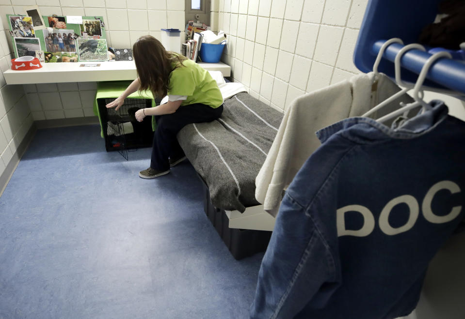 In this Jan. 8, 2019, photo, inmate Caitlin Hyland closes a crate for a chocolate lab puppy that lives in her cell at Merrimack County Jail in Boscawen, N.H. The New Hampshire jail is the first in the state to partner prisoners with the "Hero Pups" program to foster and train puppies with the goal of placing them with military veterans and first responders in need of support dogs. (AP Photo/Elise Amendola)