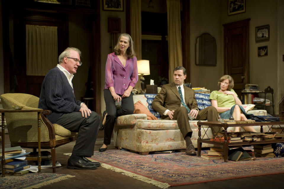 This theater image released by Jeffrey Richards Associates shows, from left, Tracy Letts, Amy Morton, Madison Dirks and Carrie Coon during a performance of Edward Albee's Who's Afraid of Virginia Woolf, opening Oct. 13, 2012 at the Booth Theatre in New York. (AP Photo/Jeffrey Richards Associates, Michael Brosilow)