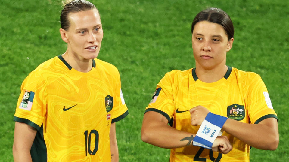 Matildas players Emily van Egmond and Sam Kerr are pictured.