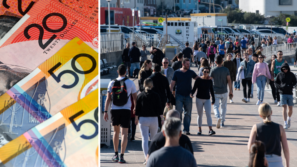 A composite image of Australian money and a crowd of people walking to represent the cost-of-living crisis.