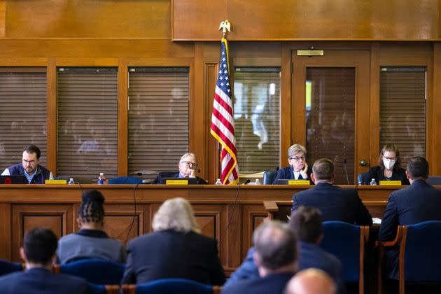 Michigan's Board of State Canvassers listens to comments from candidate Michael Markey Jr. during a Board of Canvassers meeting at the Senate hearing room inside Boji Tower in Lansing, Mich., on May 26, 2022. (Photo: Joel Bissell/The Grand Rapids Press via Associated Press)