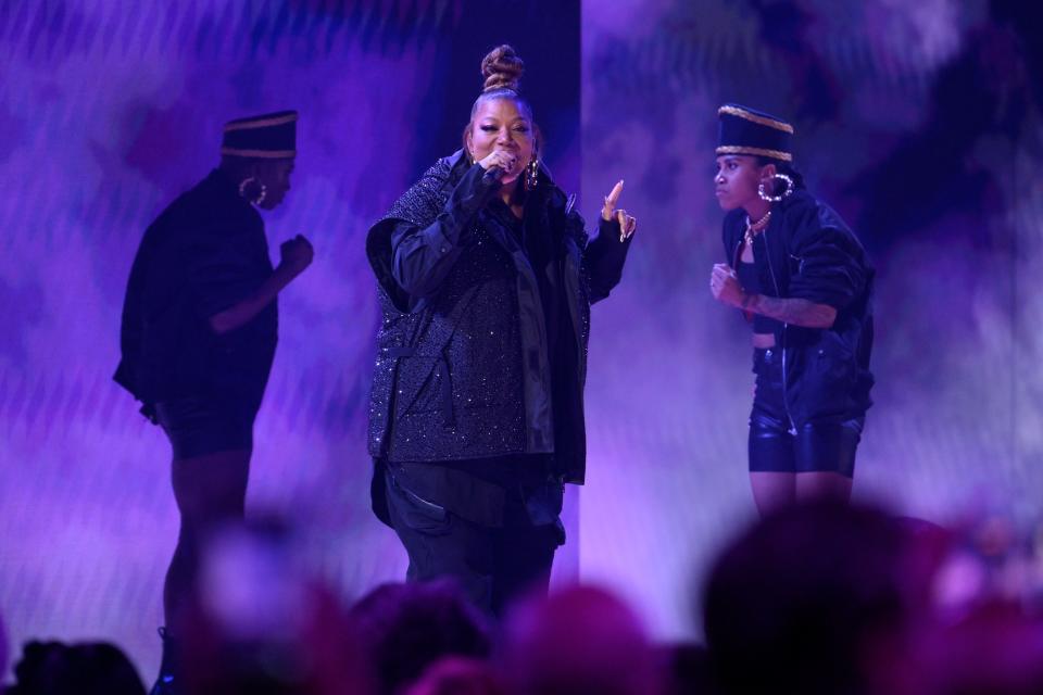 Queen Latifah performs at the 2023 Grammy Awards as part of a tribute to 50 years of Hip-Hop.