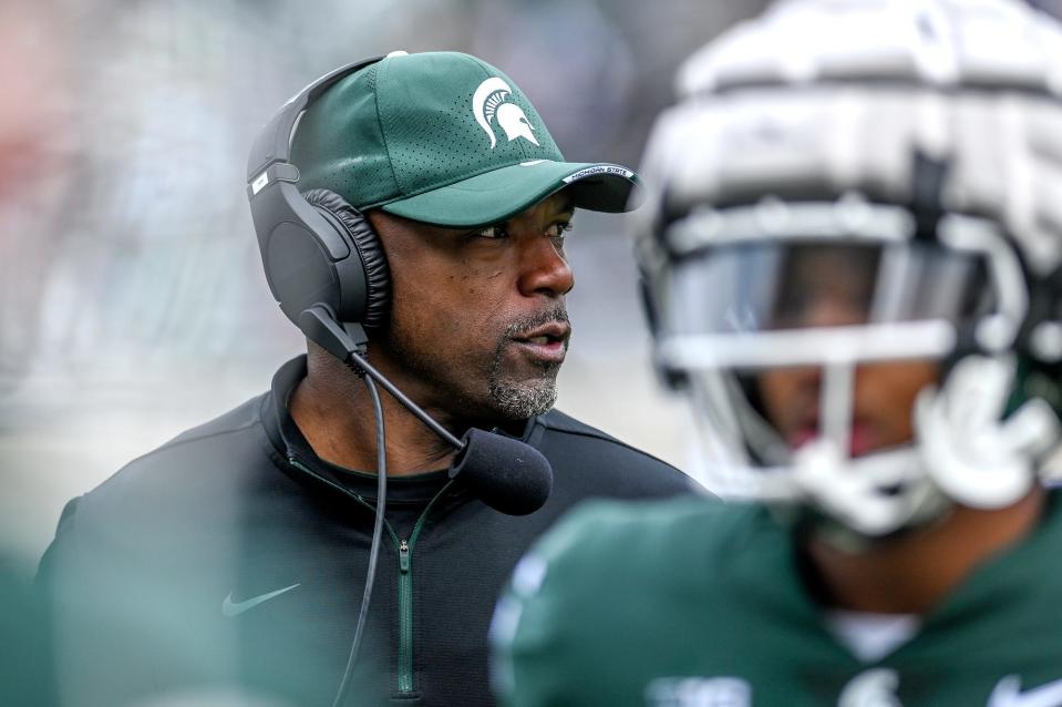 Michigan State's wide receivers coach Courtney Hawkins looks on during the spring game on Saturday, April 16, 2022, at Spartan Stadium in East Lansing.