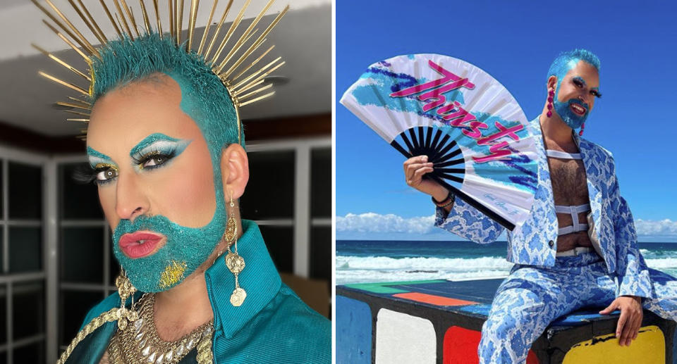 Left, Kevin took a selfie of his teal, glitter beard and gold crown before being verbally attacked on Oxford Street. Right, Kevin can be seen smiling on a seat in front of the ocean in drag.