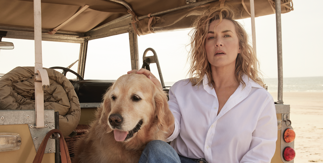 kate winslet sits at the back of a van with a camera and a dog